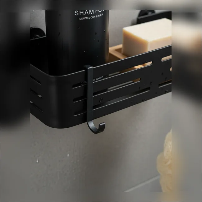 Black Straight Shelf with Hooks - Self Adhesive