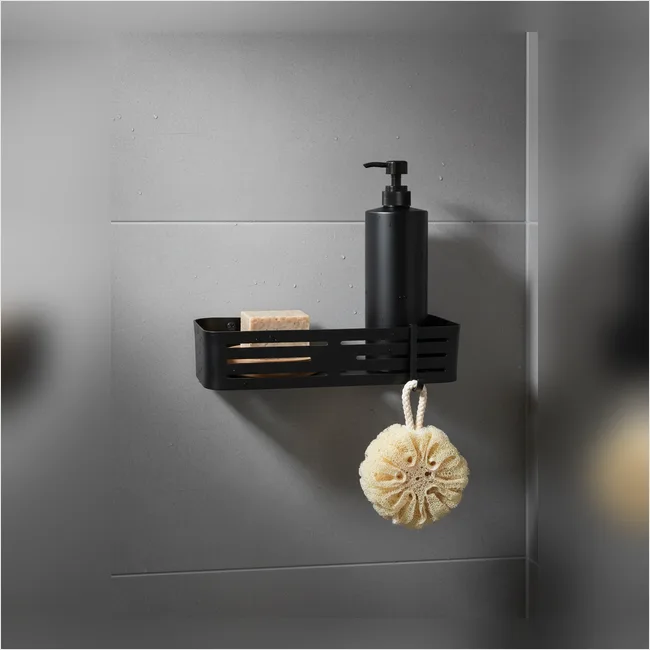 Black Straight Shelf with Hooks - Self Adhesive