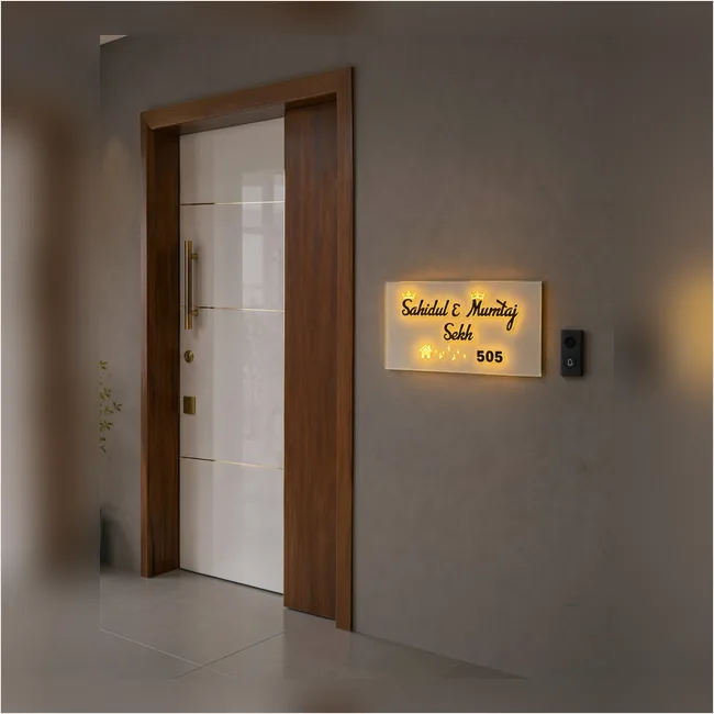 Luxury LED Glass Name Plate 8x16 Inch – White Glass Base with Matte Black Acrylic Letters - Sahidul Sekh