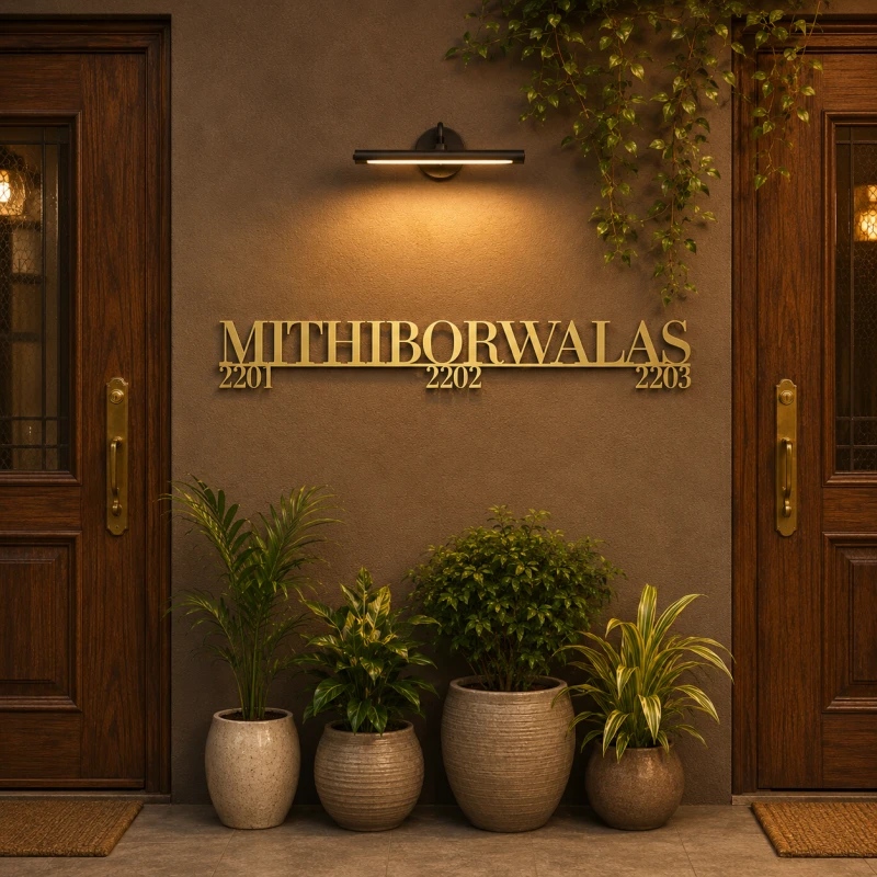 Mithiborwalas - Premium Matte Gold Metal Laser Cut Family Name Plate with Flat Numbers | Custom Stainless Steel Door Name Sign